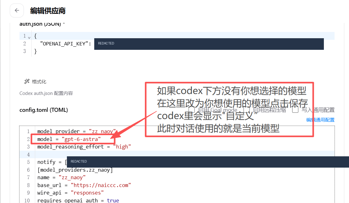 在配置里修改模型标识，敏感信息已遮挡