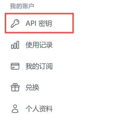 侧边栏中的 API 密钥入口